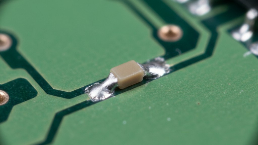 An extreme close-up photograph of a tiny 01005 passive component, smaller than a grain of sand, soldered onto a circuit board to illustrate its minuscule scale.