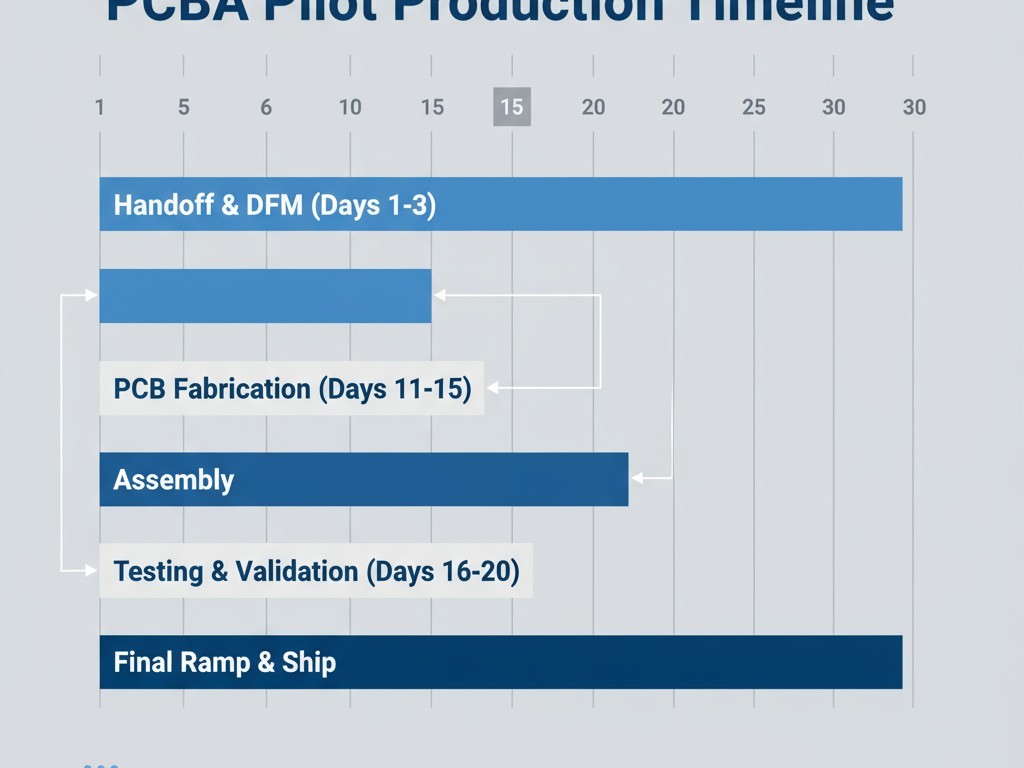 The 30-Day PCBA Ramp Framework A Gantt chart showing the day-by-day schedule for a 30-day PCBA pilot run, from handoff to final validation.