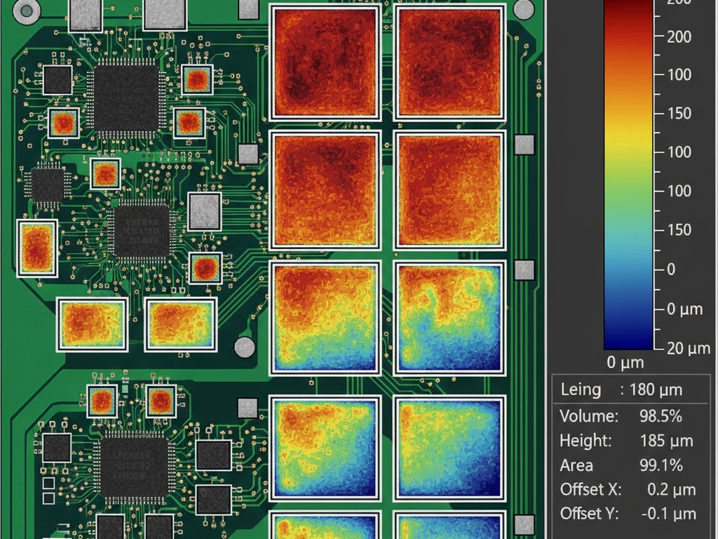 A computer-generated 3D height map of solder paste on a PCB, with colored peaks and valleys representing the precise volume and position of the paste on each pad.