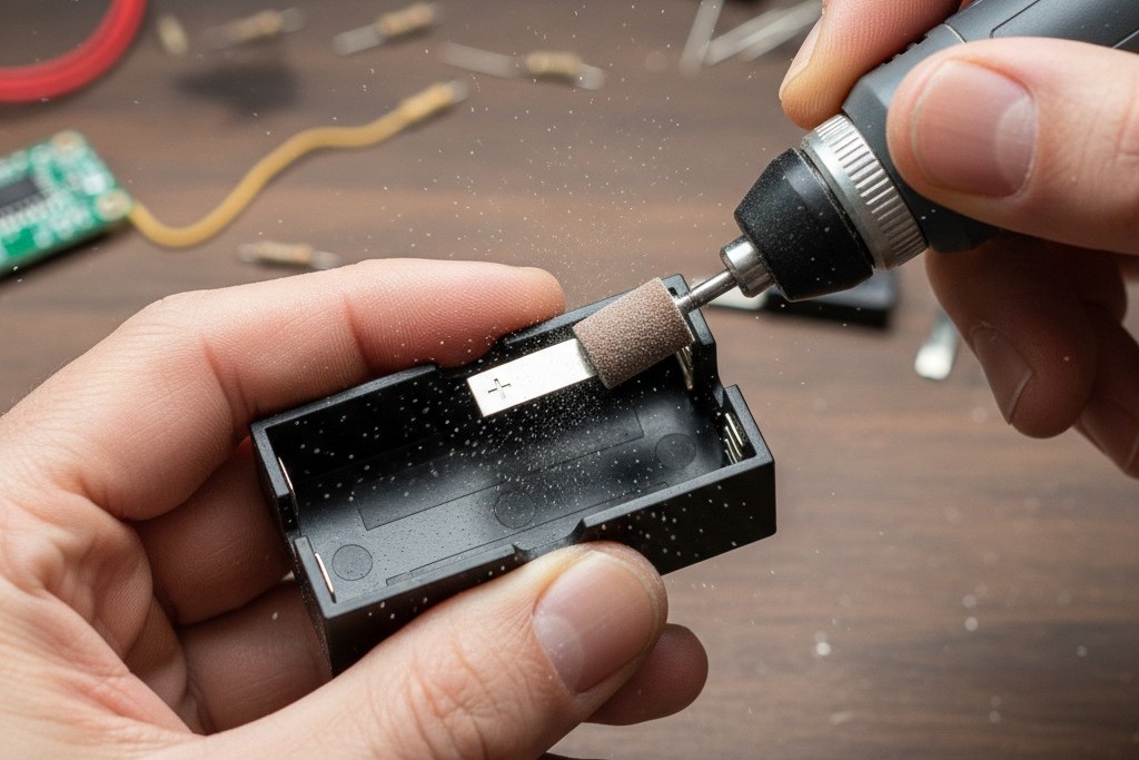 A close-up shot of a person's hands using a rotary tool with a sanding attachment to scuff the surface of a metal battery holder terminal before soldering.