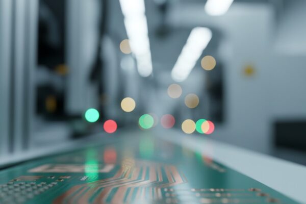 The Physics Don't Lie: Counterfeit Detection Beyond the Label An abstract macro photograph of an electronics factory with a shallow depth of field, showing blurred circuit board traces and out-of-focus bokeh circles from green, yellow, and red machinery lights.