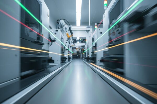 An abstract image showing extreme motion blur and bokeh on an electronics assembly line. Streaks of green, yellow, and red light stretch horizontally across the cool-toned, metallic scene.