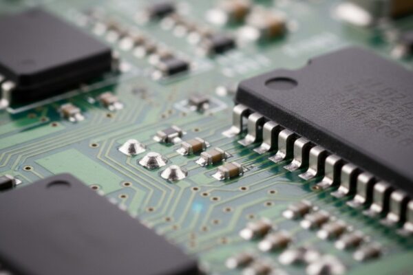An extreme close-up of a green printed circuit board with a very shallow depth of field, showing a few solder joints in sharp focus against a blurred background of electronic components.