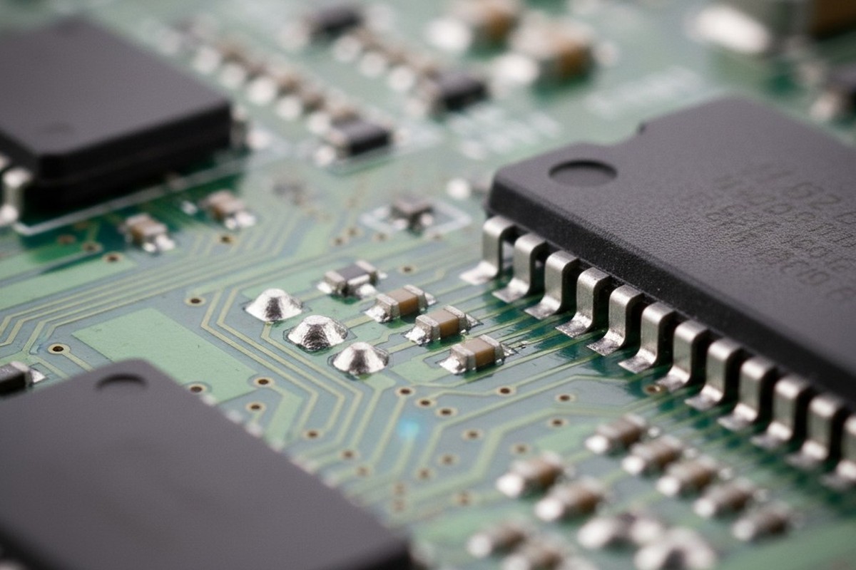 An extreme close-up of a green printed circuit board with a very shallow depth of field, showing a few solder joints in sharp focus against a blurred background of electronic components.