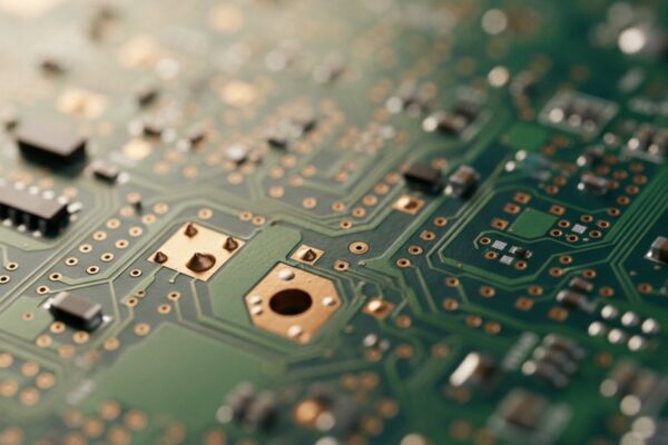 An abstract macro photograph of a green printed circuit board with an extremely shallow depth of field, showing a few copper traces in sharp focus against a soft blur.