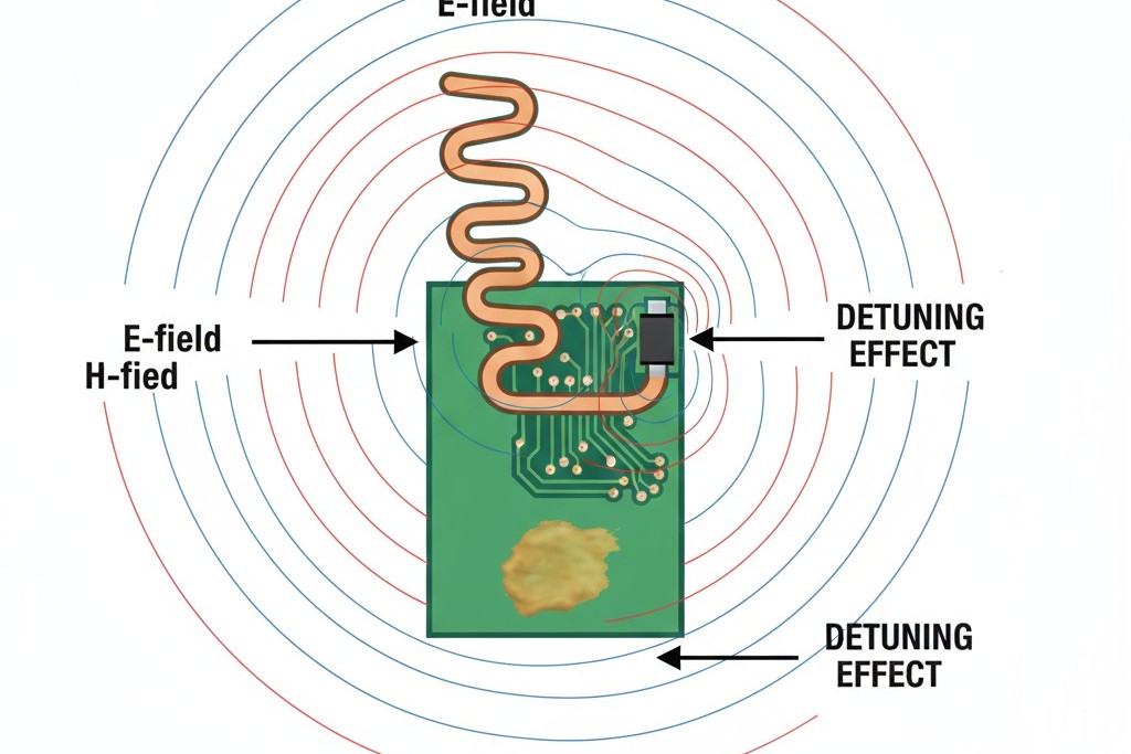Antenna Near-Field and Environmental Interference Diagram showing an antenna on a PCB with its near-field electromagnetic waves being disrupted by nearby components and surface contaminants.