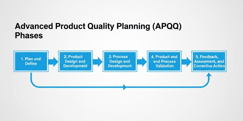 A flowchart showing the five phases of Advanced Product Quality Planning, from planning and definition through to feedback and corrective action.