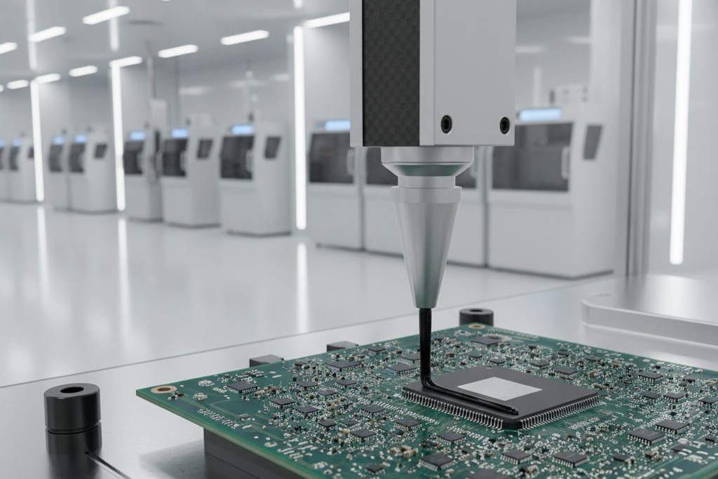 A robotic dispensing needle applying a precise bead of adhesive to the corner of a BGA on a production line.