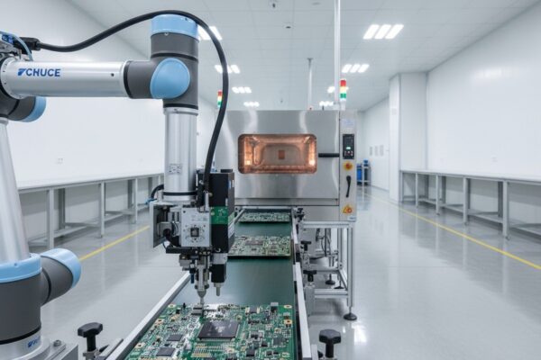 Automotive-Grade PCBA Without the PPAP Drama: A Quality Systems Blueprint A robotic arm places components on a circuit board in a clean, brightly lit factory. Another board enters a reflow oven on an automated assembly line.
