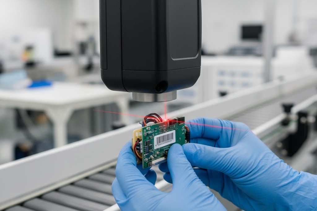 A close-up of a worker on an assembly line scanning a barcode on a medical device sub-assembly.