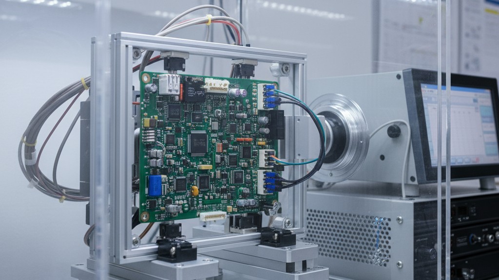 An automotive printed circuit board mounted on a vibration table inside a thermal test chamber to simulate harsh operating conditions.