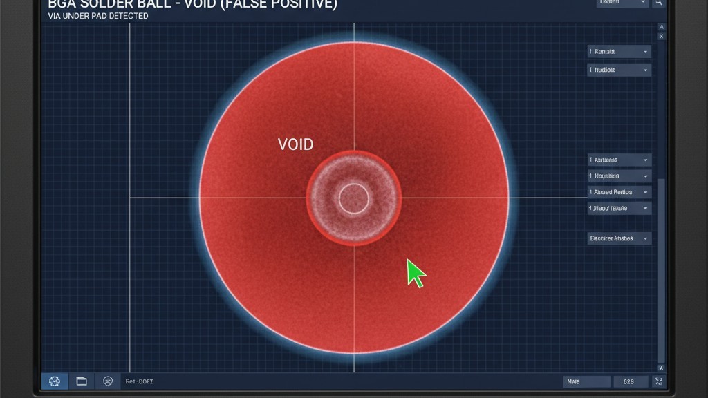 Una imagen de rayos X de una bola de soldadura BGA con una superposición de software. El software resalta incorrectamente una gran área central como un defecto, que en realidad es un via debajo de la almohadilla.