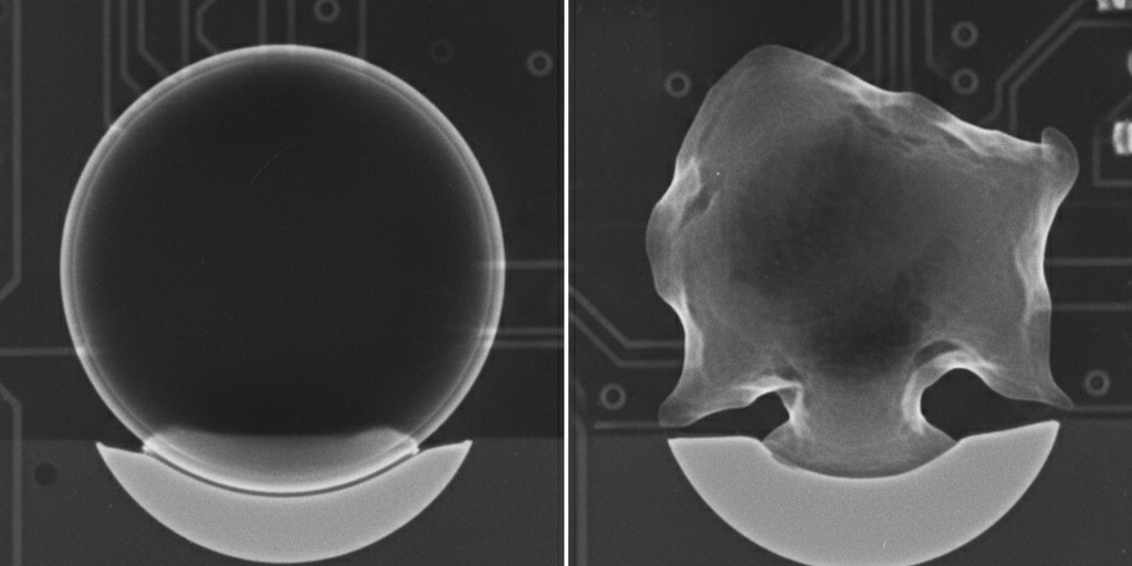 ภาพเอ็กซ์เรย์เปรียบเทียบการเปียกของโลหะประกอบที่ดีและไม่ดีของการเชื่อมบรรจุภัณฑ์ ภาพเอ็กซ์เรย์ AXI คู่อย่างคู่ขนาน ซ้ายแสดงจุดเชื่อมโลหะอย่างสมบูรณ์แบบและเป็นวงกลม ขวาแสดงจุดเชื่อมผิดรูปที่บ่งบอกการเปียกไม่ดี