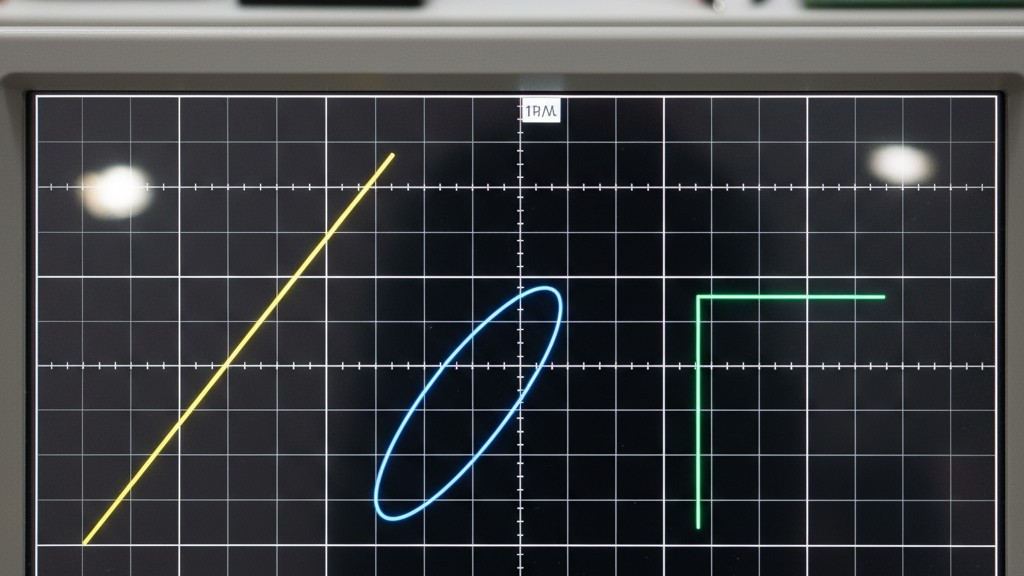 Firmas básicas de curvas V-I en un osciloscopio Un primer plano de la pantalla de un tracer de curvas que muestra tres firmas de curvas V-I fundamentales: una línea diagonal para un resistor, una elipse para un capacitor y una forma en L con una rodilla afilada para un diodo.