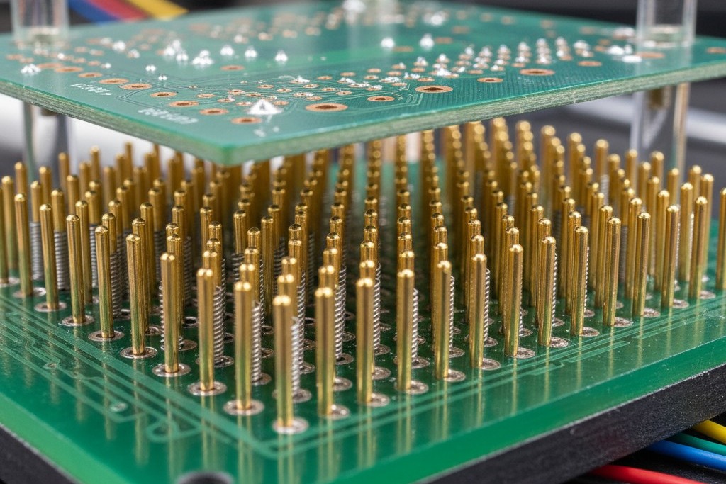 A close view of a test fixture filled with hundreds of tiny, spring-loaded golden pins, known as a bed of nails, used for testing electronics in parallel.