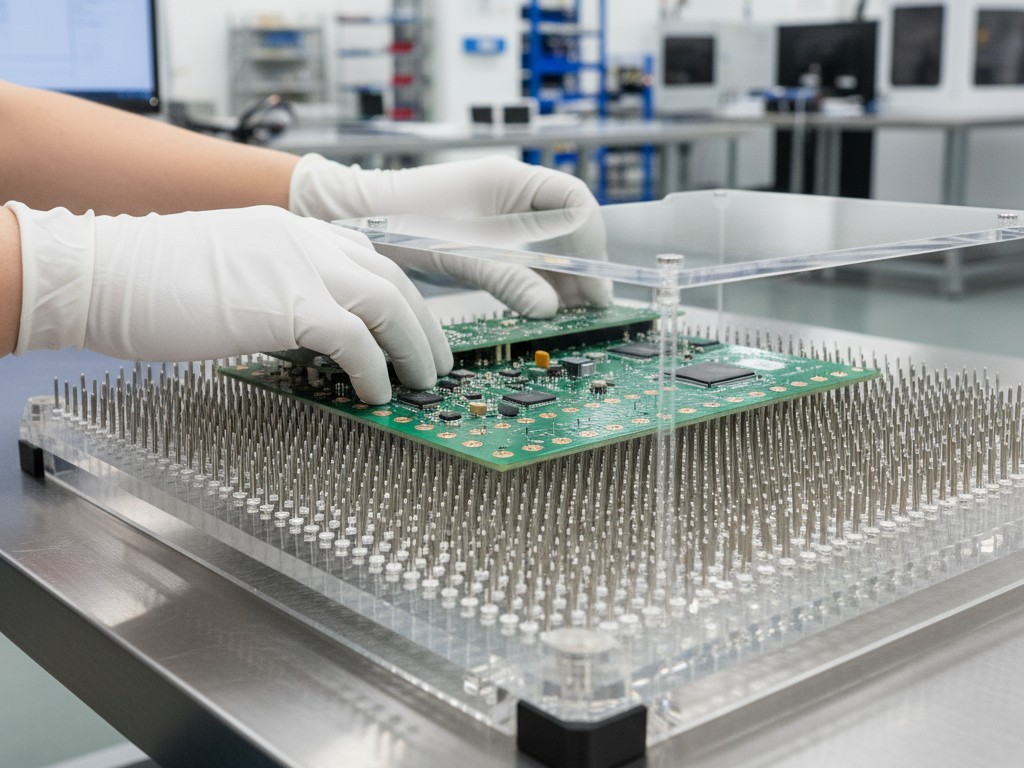 A printed circuit board is lowered into a bed-of-nails test fixture, where pogo pins make contact for high-speed firmware flashing.