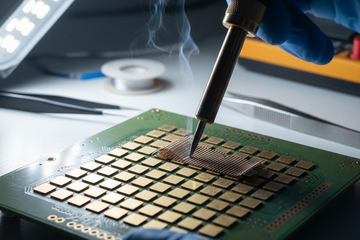 A macro photograph shows a technician's hands using a soldering iron and copper braid to clean excess solder from the gold BGA pads on a green printed circuit board.