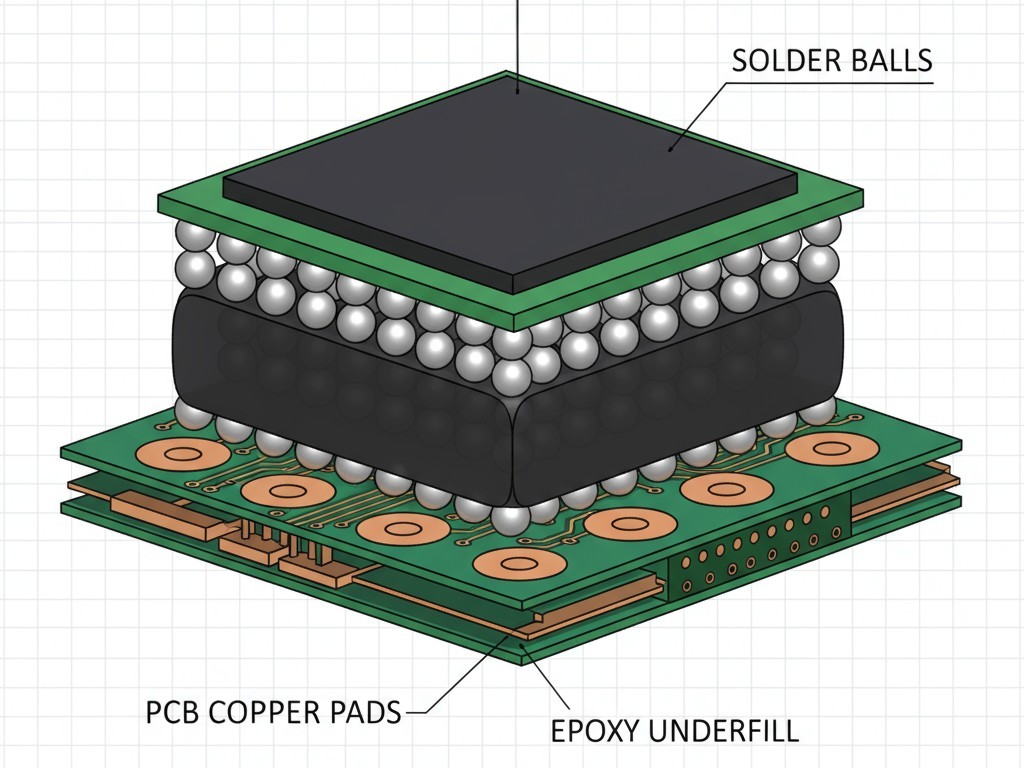 A diagram showing the space beneath a BGA chip completely filled with a solid epoxy, encasing the solder balls and bonding the chip to the board.