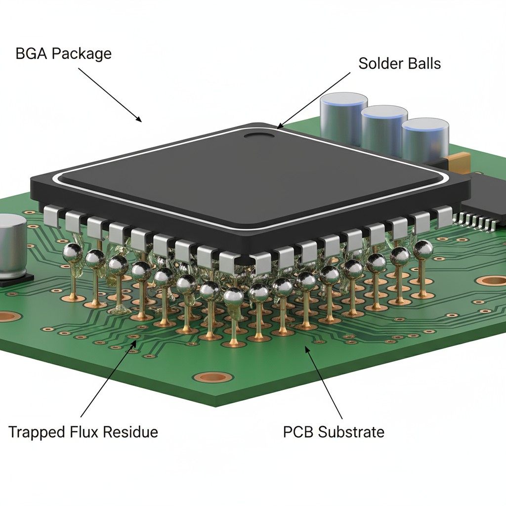 A 3D cross-section diagram showing the tiny gap under a BGA component where flux residue can become trapped and is impossible to clean.
