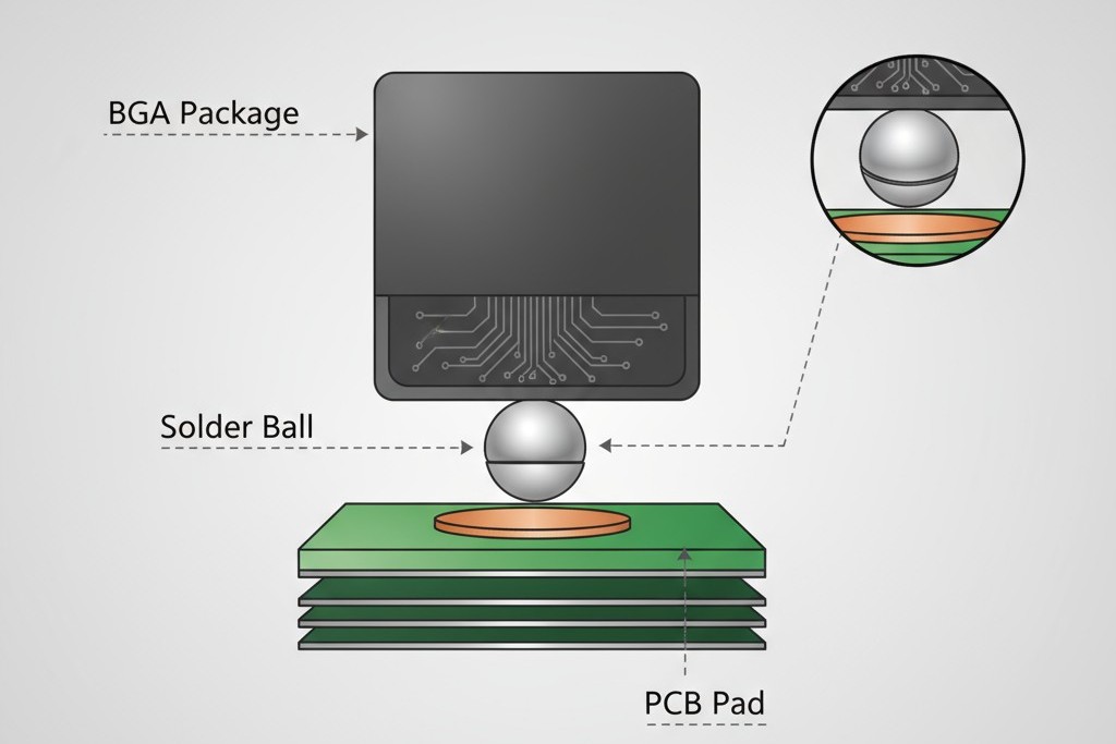 ภาพตัดขวางของจุดเชื่อมบอร์ดเม็ดกลม (BGA) ไดอะแกรมแสดงการเชื่อมต่อชิป BGA เข้ากับแผงวงจรโดยอาร์เรย์ของลูกปืนโลหะซ่อนอยู่