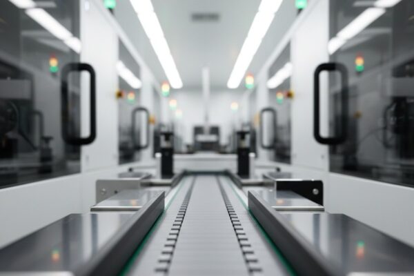 A brightly lit, modern electronics assembly line with surface-mount technology machines blurred into abstract shapes by a shallow depth of field, focusing on an empty conveyor belt.