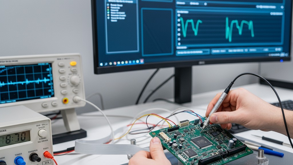 A Lean, Fixtureless Boundary Scan Test Setup An electronics technician connects a small JTAG probe to a port on a printed circuit board sitting on a clean workbench.