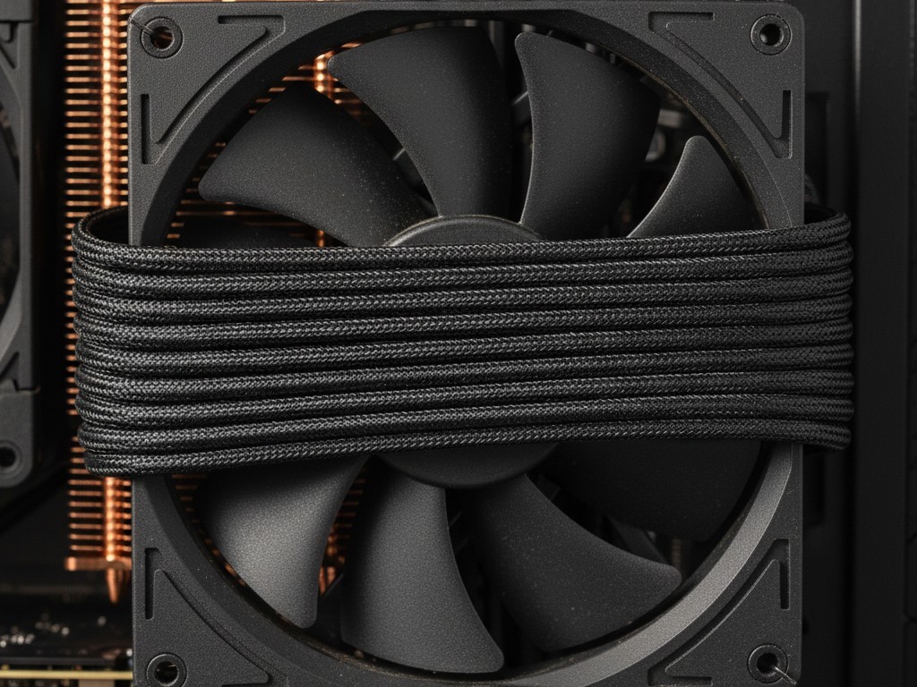 A close-up view inside an electronics enclosure where a thick bundle of black and colored cables is positioned directly in front of a circular cooling fan, blocking most of the air intake.