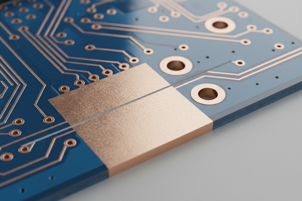 Una representación en 3D de un diseño de PCB que muestra una almohadilla castellada en el borde de la placa. Dos pequeñas vías ancla están ubicadas detrás de la línea de corte para asegurar la almohadilla de cobre en las capas internas de la placa.