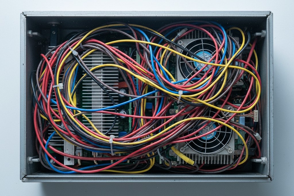 The interior of an open electronics chassis is filled with a chaotic tangle of multicolored wires, obscuring the circuit boards and components below.