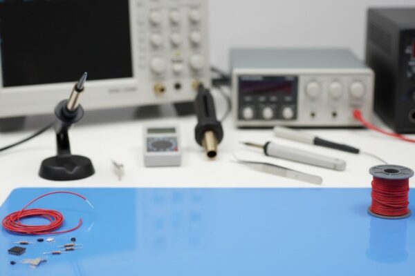 A clean electronics workbench with a blue anti-static mat, a spool of red wire, and out-of-focus test equipment like an oscilloscope in the background.