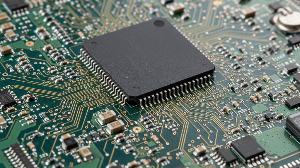 An angled top-down view of a dense green circuit board with a large, square black FPGA chip at its center, surrounded by many smaller electronic components and fine copper traces.