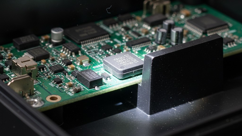 A printed circuit board cannot fit into its plastic housing because a black power inductor on the board is too tall and hits a plastic rib inside the case.