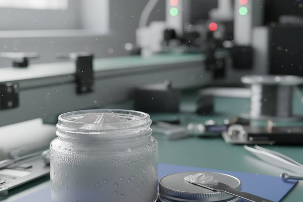 An open jar of gray solder paste with visible beads of water condensation forming on its surface because it was opened while still cold from refrigeration.