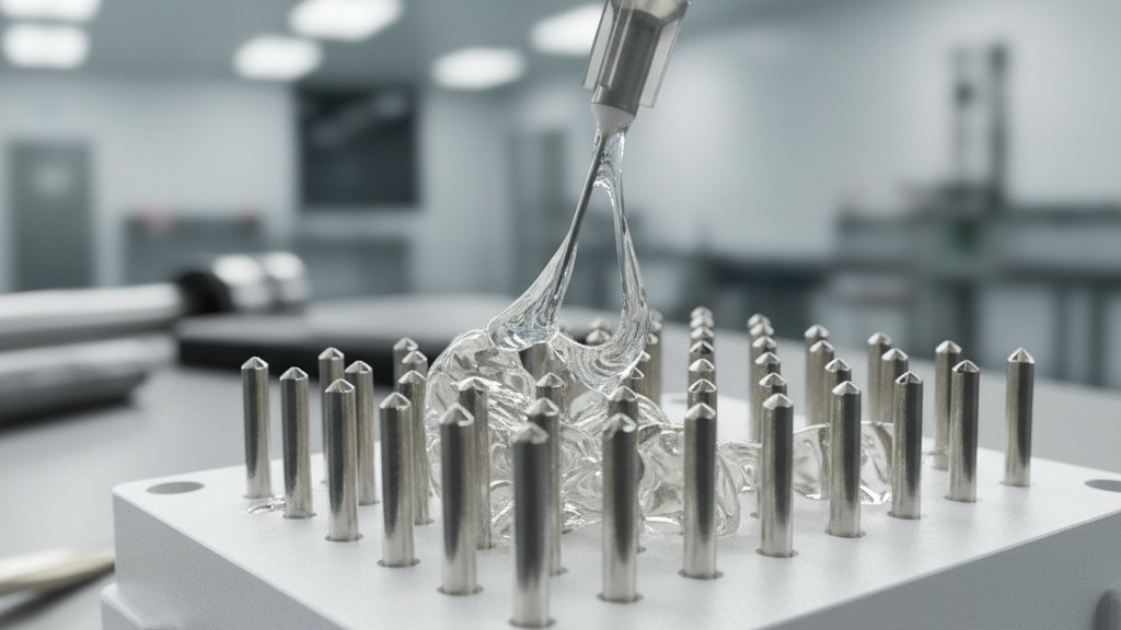 Contact Lubricant Application A syringe tip applies a bead of clear grease to the pins of an electronic connector.