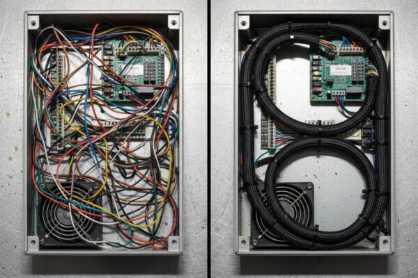 Box Build Cabling: Consistency in the Invisible Places A top-down, side-by-side comparison of two industrial control boxes, one with tangled, chaotic wiring and the other with immaculate, organized cable management.