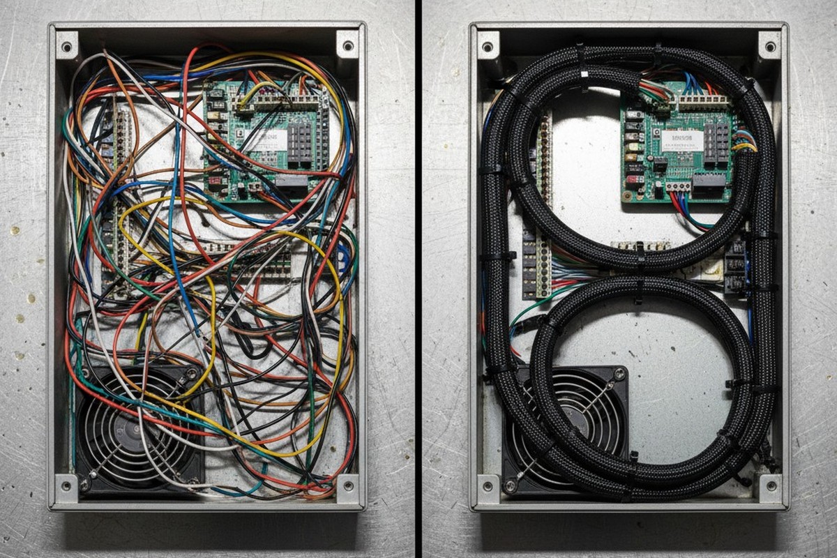 A top-down, side-by-side comparison of two industrial control boxes, one with tangled, chaotic wiring and the other with immaculate, organized cable management.