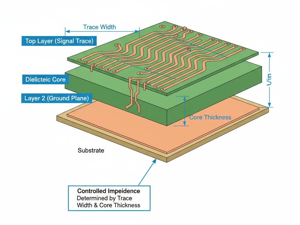 Cross-Section of a Controlled Impedance PCB Stackup Diagram showing the layers of a multi-layer PCB, with labels for copper traces, dielectric core, and ground plane.