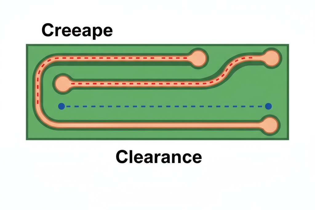 ภาพแสดงภาพวาดประกอบ Creepage และ Clearance บน PCB ภาพแสดงสายไฟฟ้าสองเส้นบนแผงวงจร. Creepage ถูกแสดงเป็นเส้นประตามผิวของแผงระหว่างสายไฟ กับขอบฟ้าที่เป็นเส้นตรงผ่านอากาศ