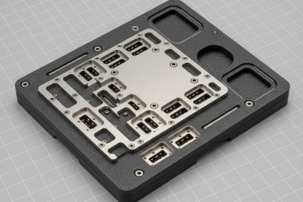 A high-resolution studio photo of a custom wave solder pallet made from dark gray composite, featuring a precision-machined titanium insert for holding components, resting on an anti-static mat.