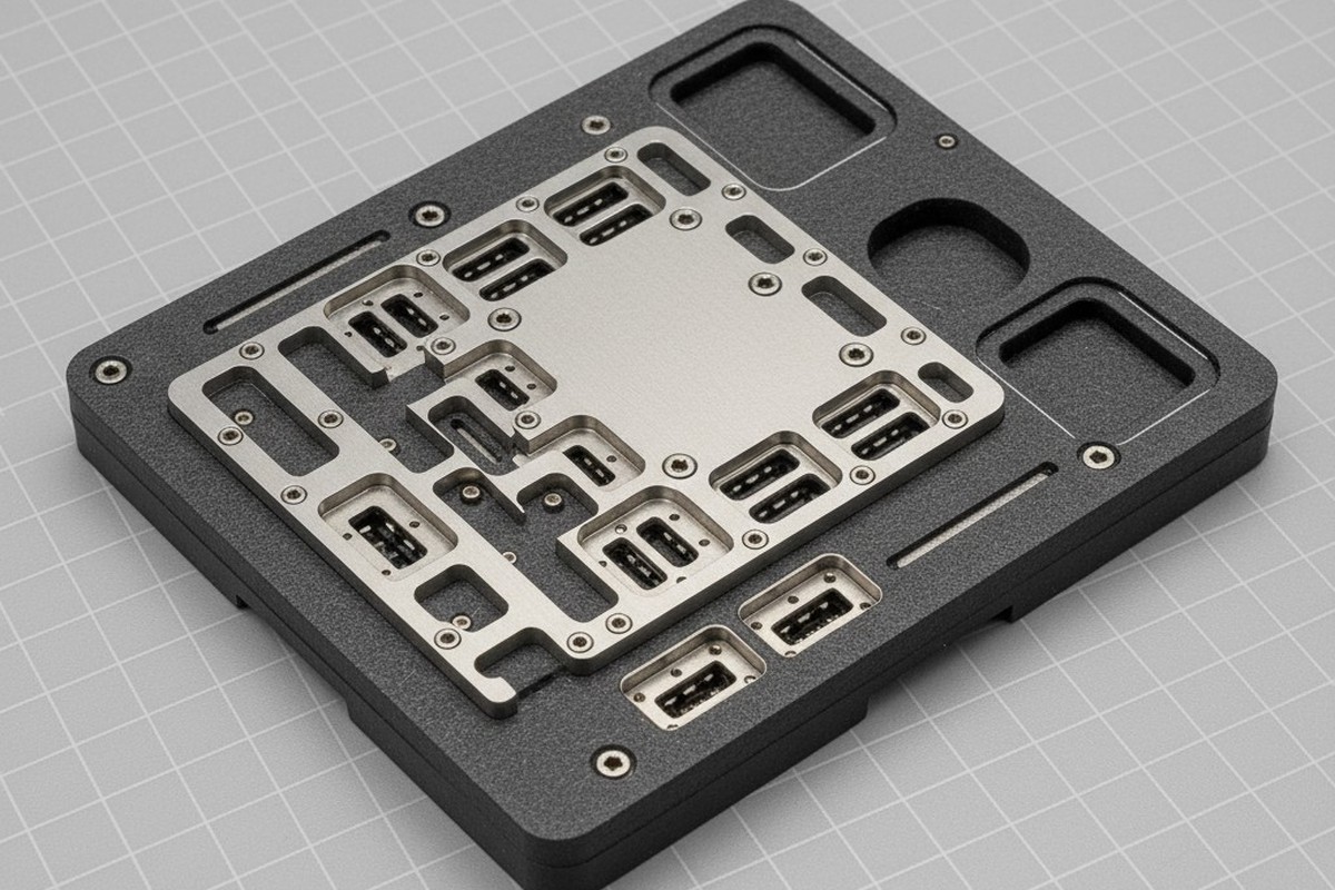 A high-resolution studio photo of a custom wave solder pallet made from dark gray composite, featuring a precision-machined titanium insert for holding components, resting on an anti-static mat.