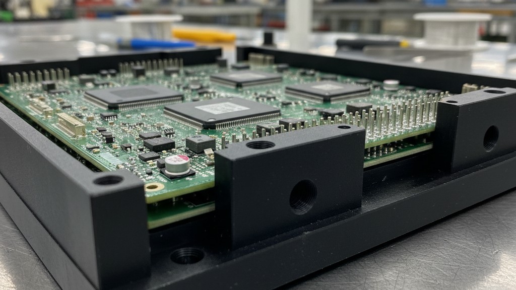 A green printed circuit board is fitted into a black custom-machined wave solder pallet, which masks surface-mount components and exposes only the through-hole pins.