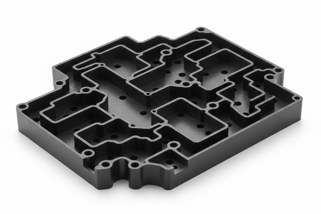 A detailed photograph of a custom-machined selective solder pallet made of black composite material, showing intricate walls and recessed areas designed to protect board components.
