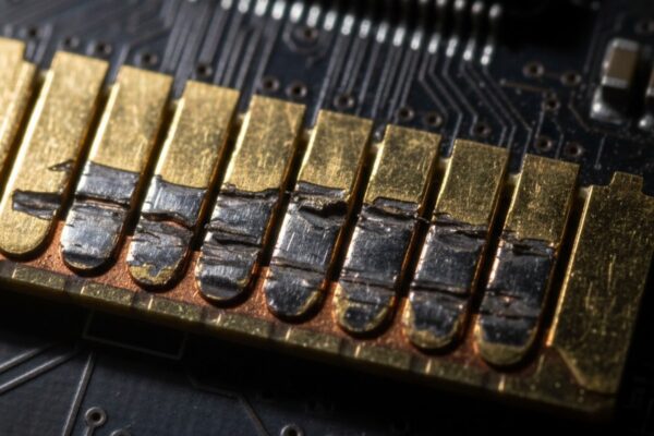 The Invisible Abrasion: Why ENIG Fails on Edge Connectors A close-up macro photograph shows severe mechanical damage on the gold-plated contact fingers of a circuit board edge connector, with deep scrapes revealing the dark material underneath.