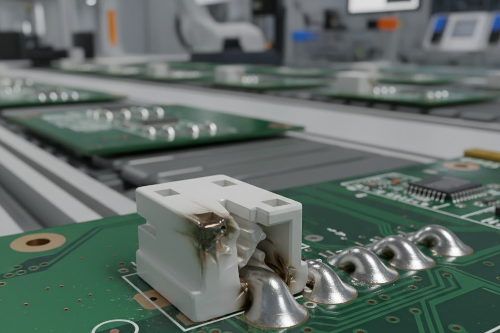 A close-up of a circuit board showing a white plastic connector that is visibly warped and melted from excessive heat next to a row of solder joints.