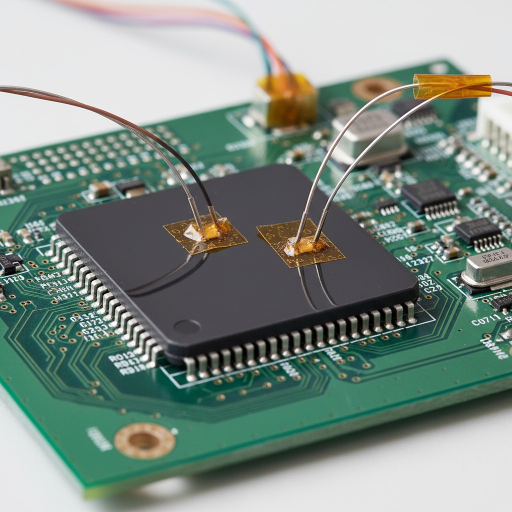 Data-Logged Profiling: Measuring What Matters A close-up of a circuit board with fine thermocouple wires attached with high-temperature tape to a large processor and a small capacitor, ready for a test run in a reflow oven.