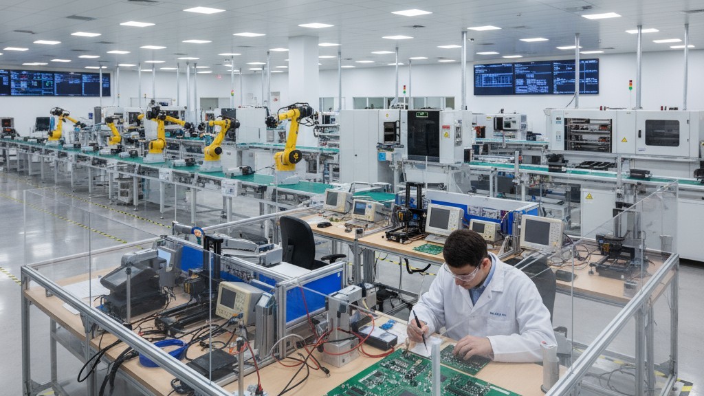 A Dedicated NPI Cell for Rapid Prototyping A clean, well-lit NPI cell in a manufacturing facility, separate from the larger production lines in the background.