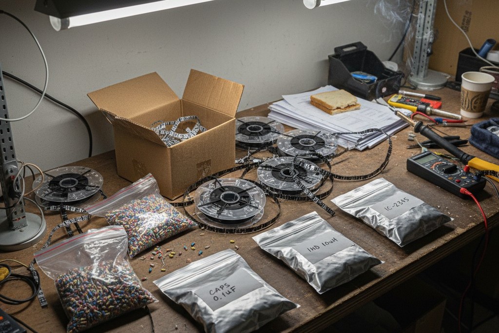 An assortment of electronic components chaotically arranged on a workbench, including loose parts in a plastic bag, tangled reels, and hand-labeled bags.