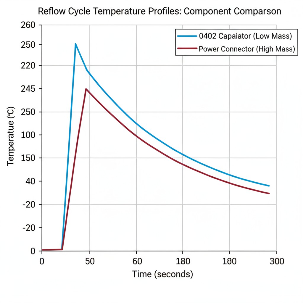 The Reality of Uneven Heating on a Single Board A graph showing two temperature curves over time during a reflow process. One curve, for a low-mass component, rises quickly, while the other curve, for a high-mass component, rises much more slowly.