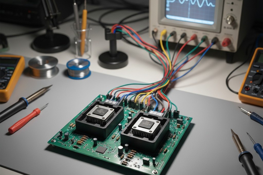 Un fixture de prueba para la trazado de curvas V-I comparativas Un banco de trabajo electrónico que muestra un soporte de prueba con dos microchips negros idénticos en zócalos ZIF paralelos. Las sondas de un tracer de curvas cercano están conectadas al soporte.