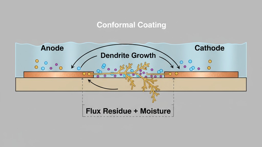 How Dendrites Form Under Conformal Coatings A diagram showing a cross-section of a PCB with two copper traces. Moisture and flux residue are trapped under the conformal coating, forming an electrolyte that allows metal ions to form a dendrite between the traces.